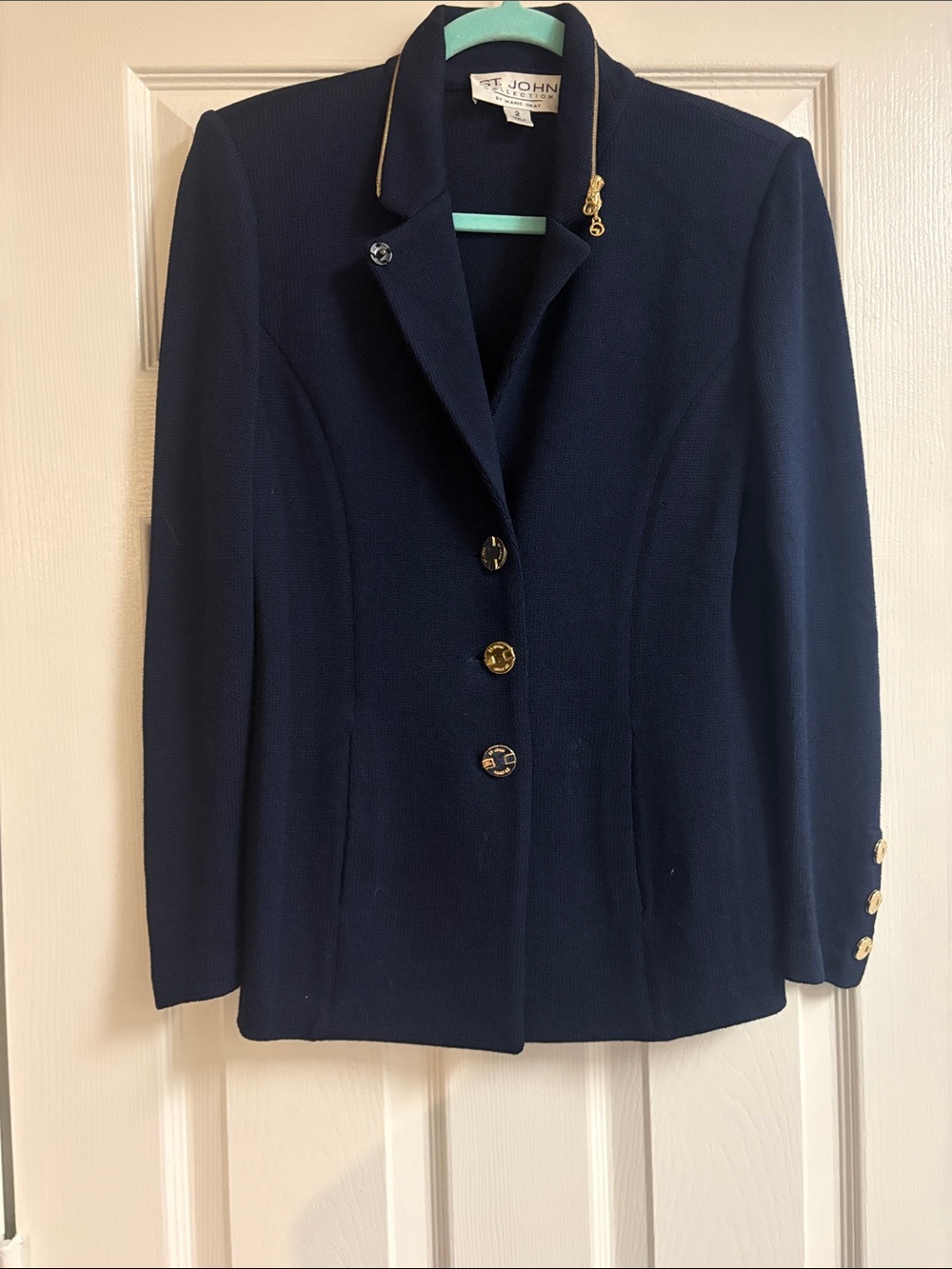 St. John Navy Knit Blazer with Gold-Tone Buttons & zipper accents size 2